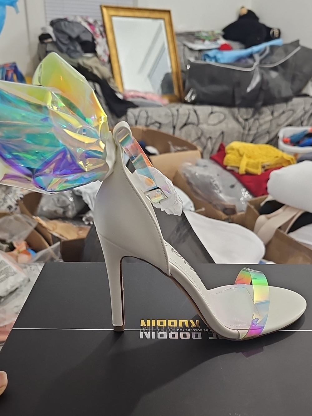 Cape Robbin White High Heel Sandal with Iridescent Straps